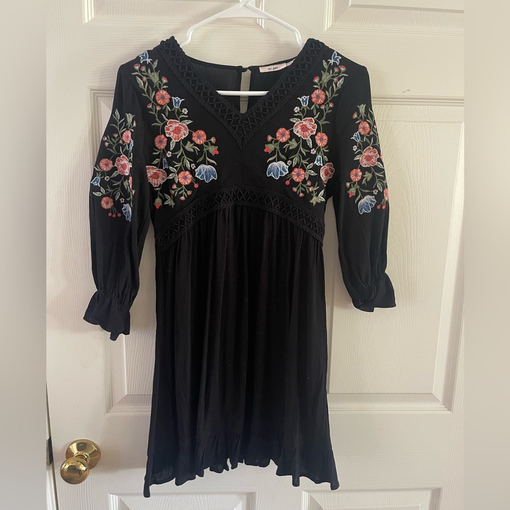 Floral Embroidered Black Kids Dress